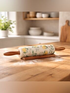 SDS Ceramic Rolling Pin Botanical "fruit" Pattern. Wooden Handles & Wooden Rest